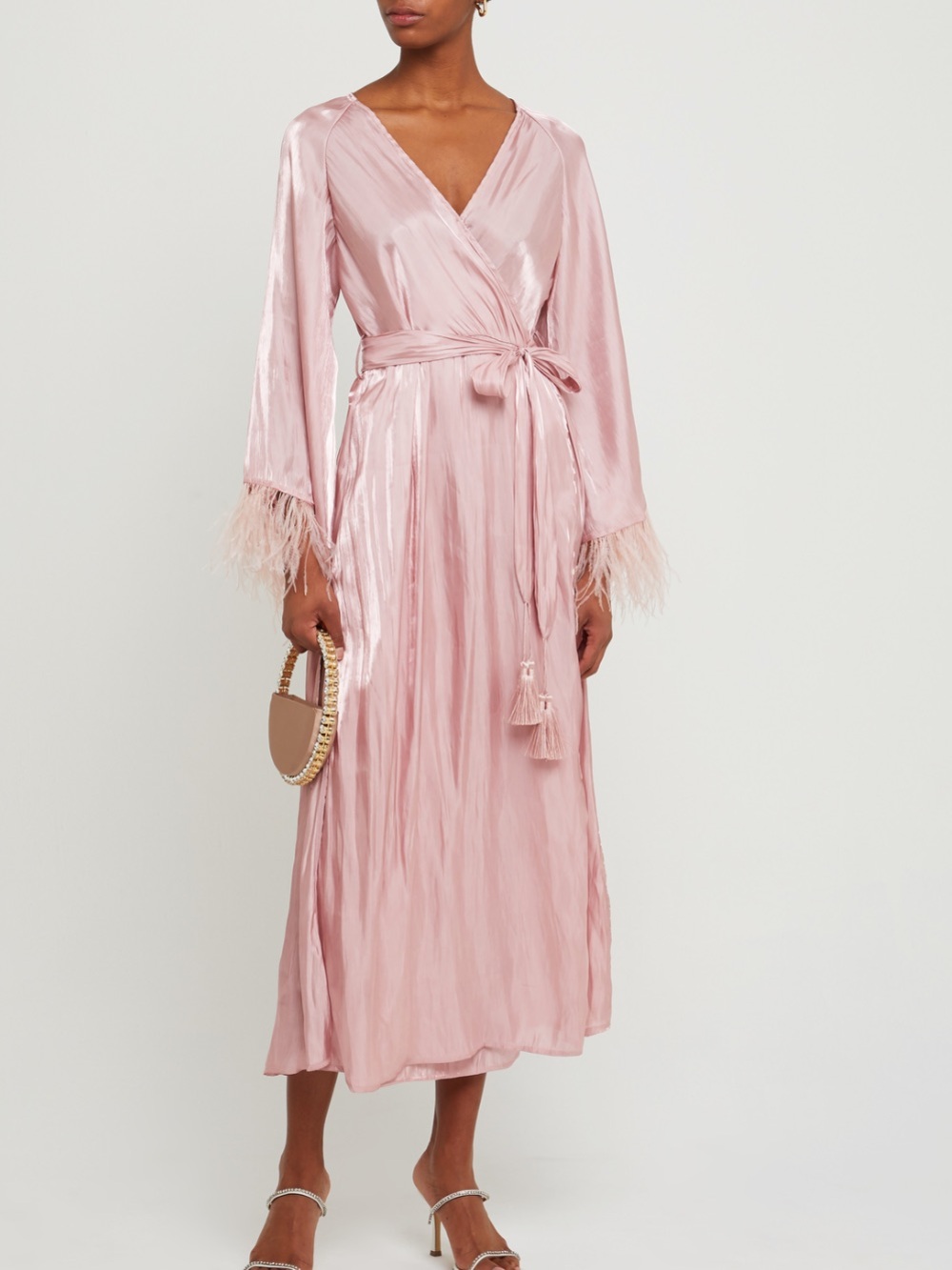 Silky Feather-Trim Wrap Maxi Dress in Light Pink